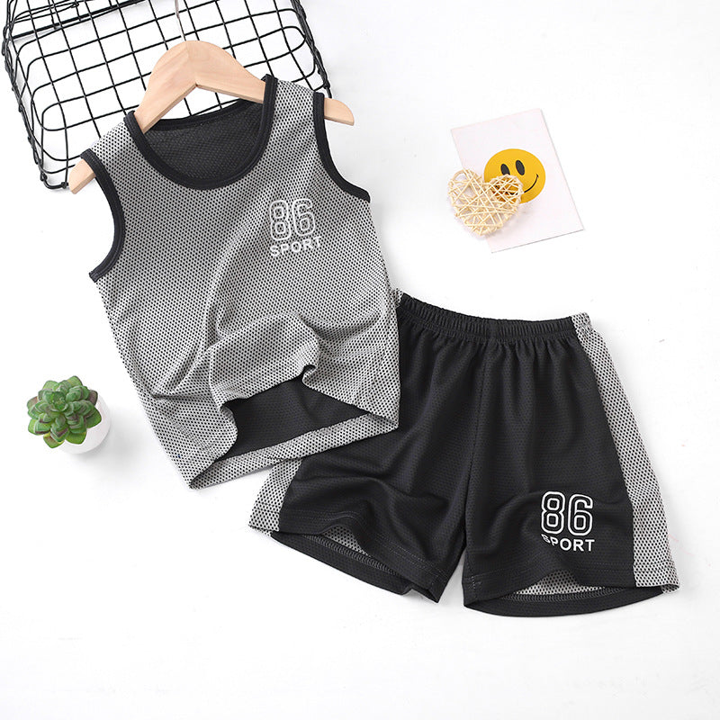 Kids' summer outfit: boys' tank top set, quick-dry athletic mesh, big kids' sleeveless, baby summer two-piece set for girls