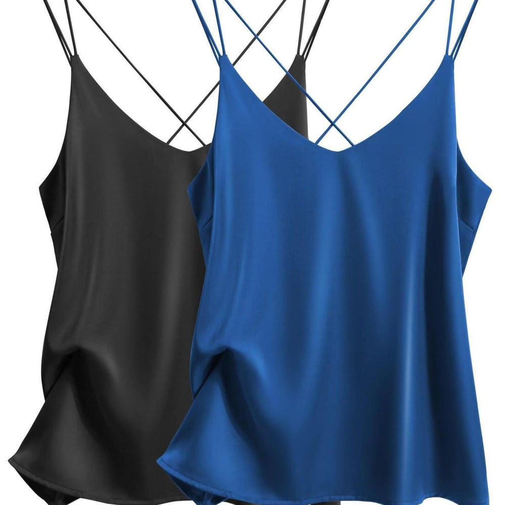 2 pack women's satin camisole v neck cross back sleeves