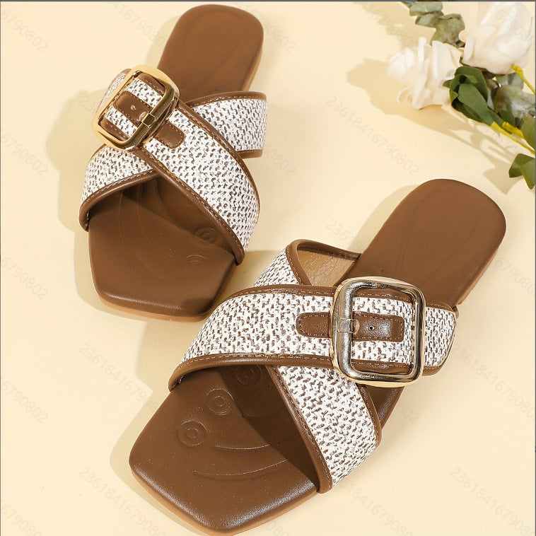 2025 summer new arrival: braided criss-cross metal buckle strap heeled open-toe sandals & flat back slides for women