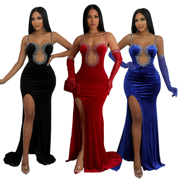 CY900954 European and American  models, solid color mesh splicing flannel high-split suspender evening dress, including gloves