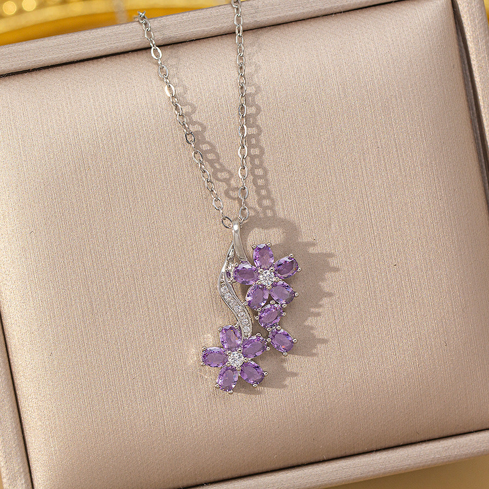 [copper inlaid with zirconium] cross-border popular diamond-filled titanium steel flower necklace for women, high-end, accessible luxury fashion clavicle chain jewelry