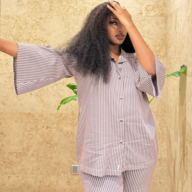 European and American large-size casual women's clothing lapel-neck striped cardigan shirt wide-leg trousers women's African foreign style new two-piece set