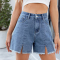 Fashion cross-border women's clothing  independent station new washed denim shorts  raw edge versatile slit hot pants