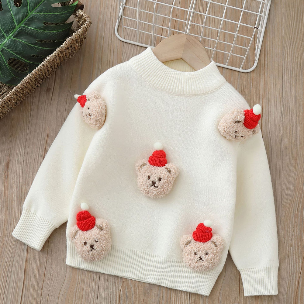 christmas kids' fleece-lined sweater: thickened, hand-knitted cartoon bear base layer for boys and girls
