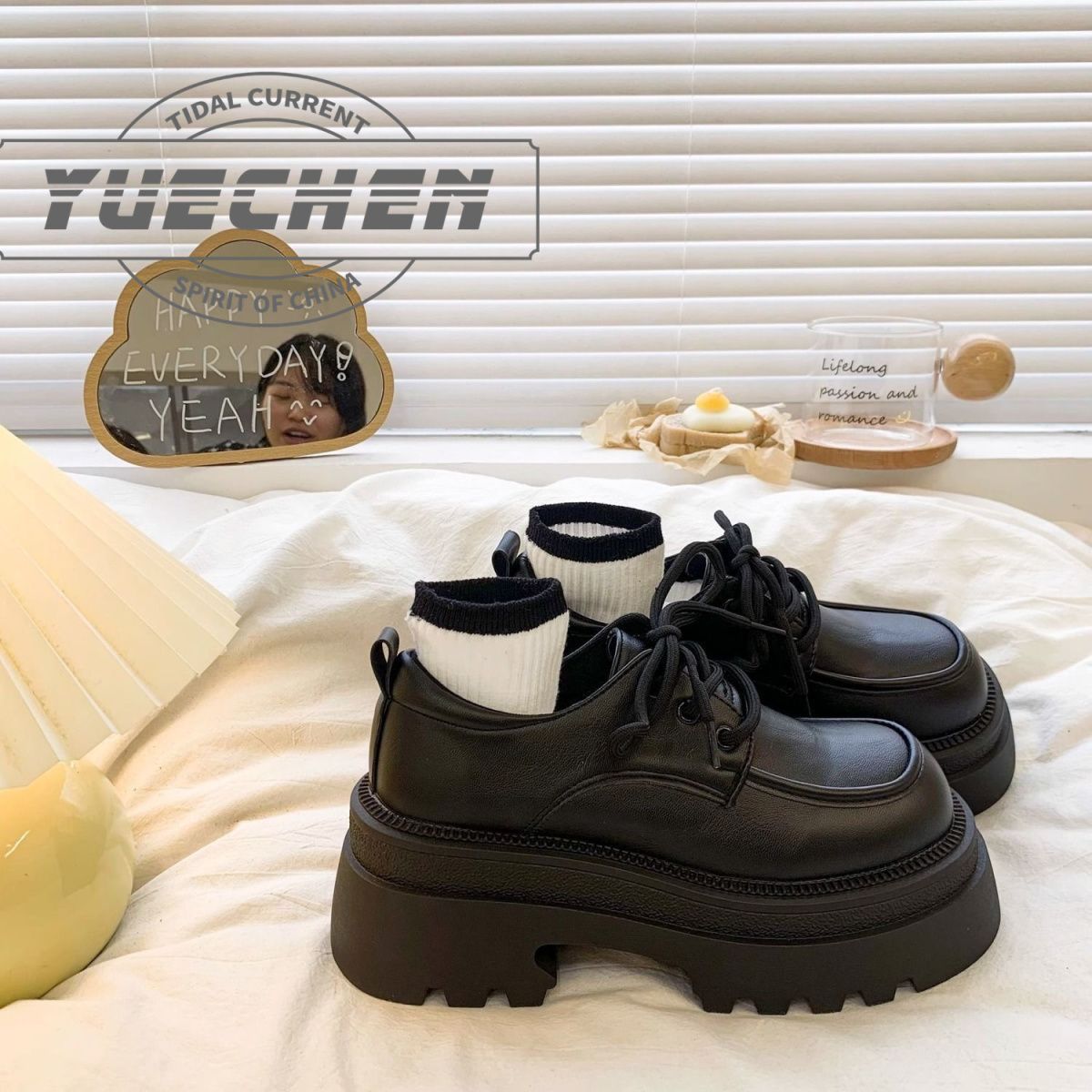 PLOVER platform muffin small leather shoes women's 2024 spring and autumn new versatile retro British style lace-up skirt shoes