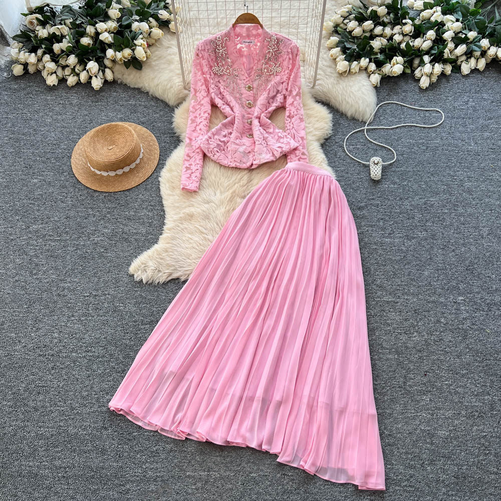 French chic lace v-neck cardigan & high-waisted pleated skirt set - autumn's elegant & sophisticated two-piece