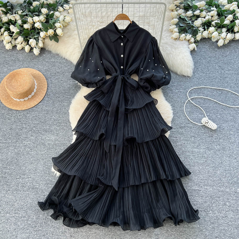 French retro court style, heavily embellished rhinestone lantern sleeve, tie-waist, slimming, elegant ruffle hem pleated dress