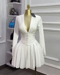 Export women's clothing pleated v necklong sleevesdressfrenchelegant silm waist slimming lookpleated short skirt