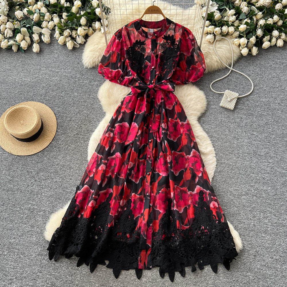 Korean style printed sweet & cute dress - women's summer short sleeve a-line dress with lace trim and tie detail - perfect for work or casual wear