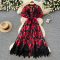 Korean style printed sweet & cute dress - women's summer short sleeve a-line dress with lace trim and tie detail - perfect for work or casual wear