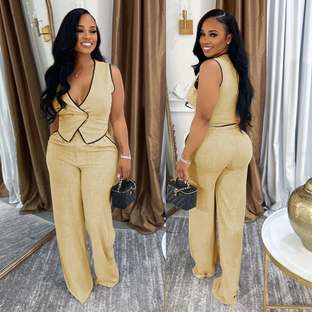C7402 cross-border   fashion women's casual v-neck button-up top and pants two-piece set - new