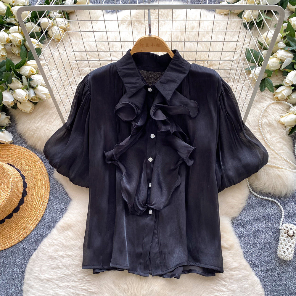 French court style breathable ruffle blouse - women's short sleeve lantern sleeve single-breasted satin-like commute top