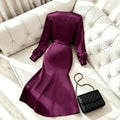 Accessible luxury satin plus size wrap skirt v neck lantern sleeves side tie back waist elegant women's mid-length dress