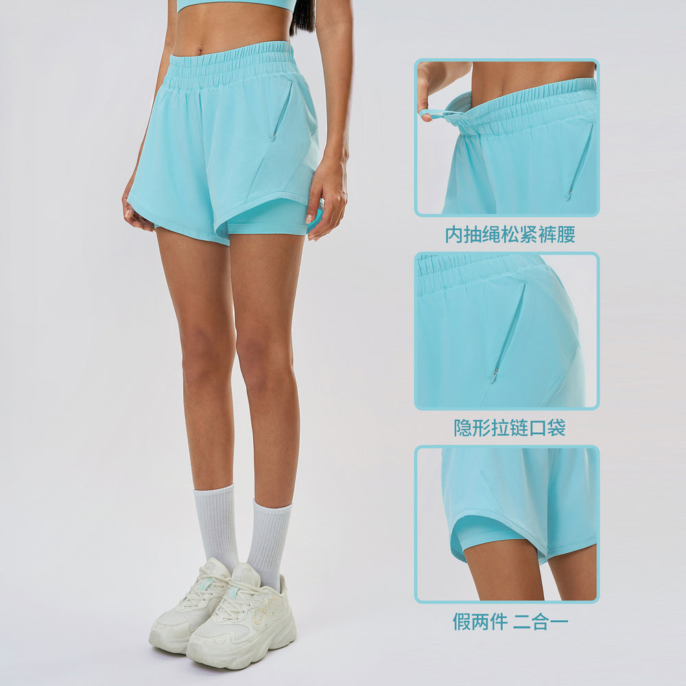 Summer quick-dry breathable women's sports shorts - faux two-piece, anti-exposure, high-waisted training yoga fitness hot pants d25052