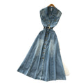 K-stylework clothing lapel sleeveless denim dress women's summerhigh waist waist single breasted slimming lookelegant long skirt