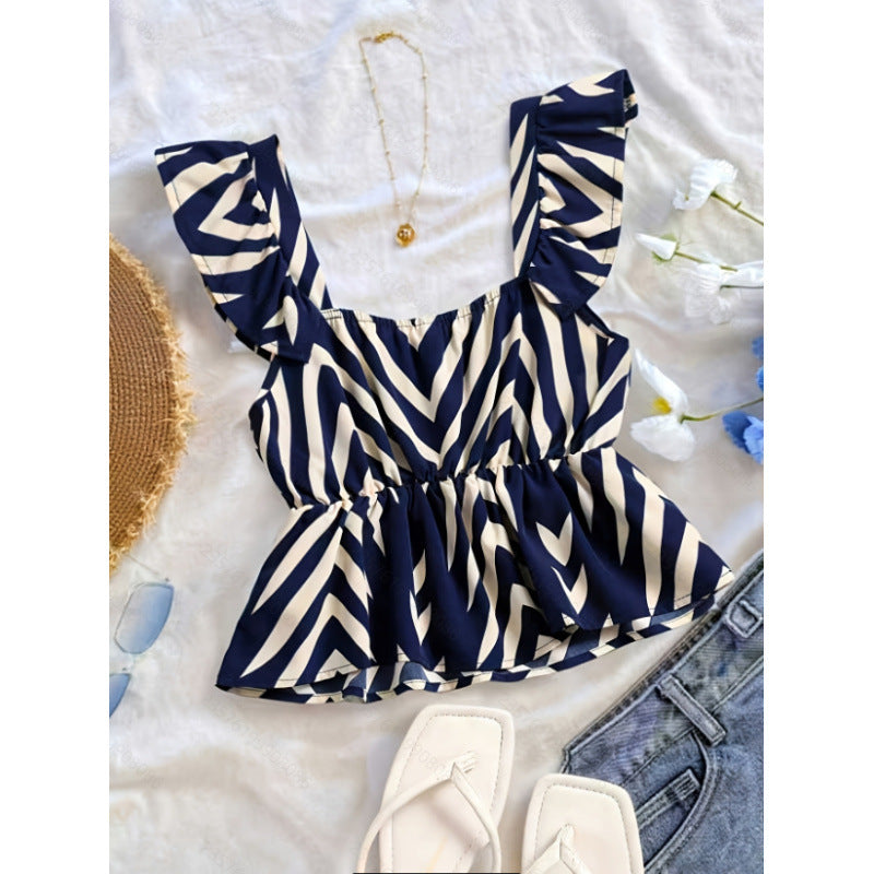 Women's summer new fashion versatile elegant printed shirred waist flutter sleeve blouse