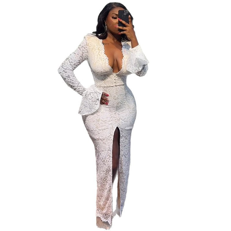 European and american cross-border women's fashion:  summer new arrival - elegant v-neck lace slim-fit flared sleeve slit maxi dress