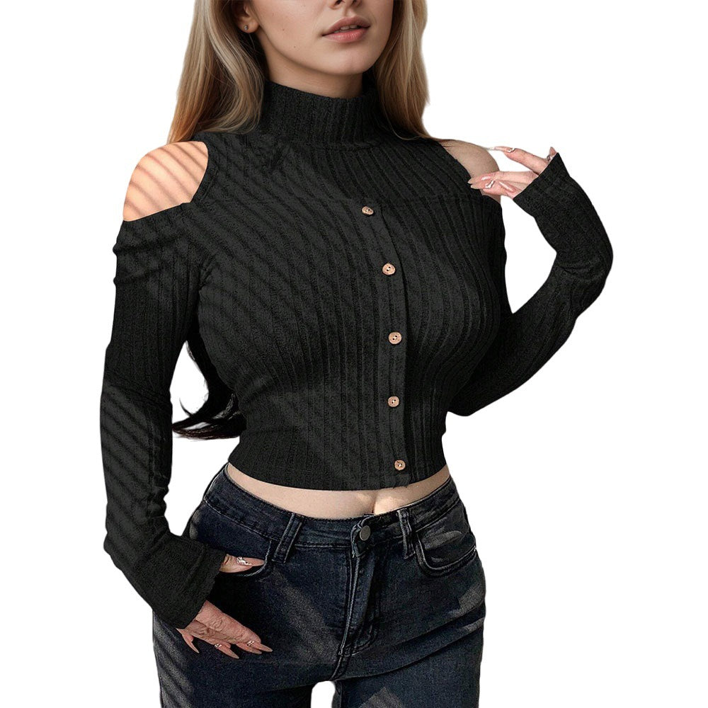 Shein Independent Station Cross-border Women's Clothing Korean Edition Trend T-Shirt Autumn and Winter Off-Shoulder Design Long Sleeve Short Bottom Top