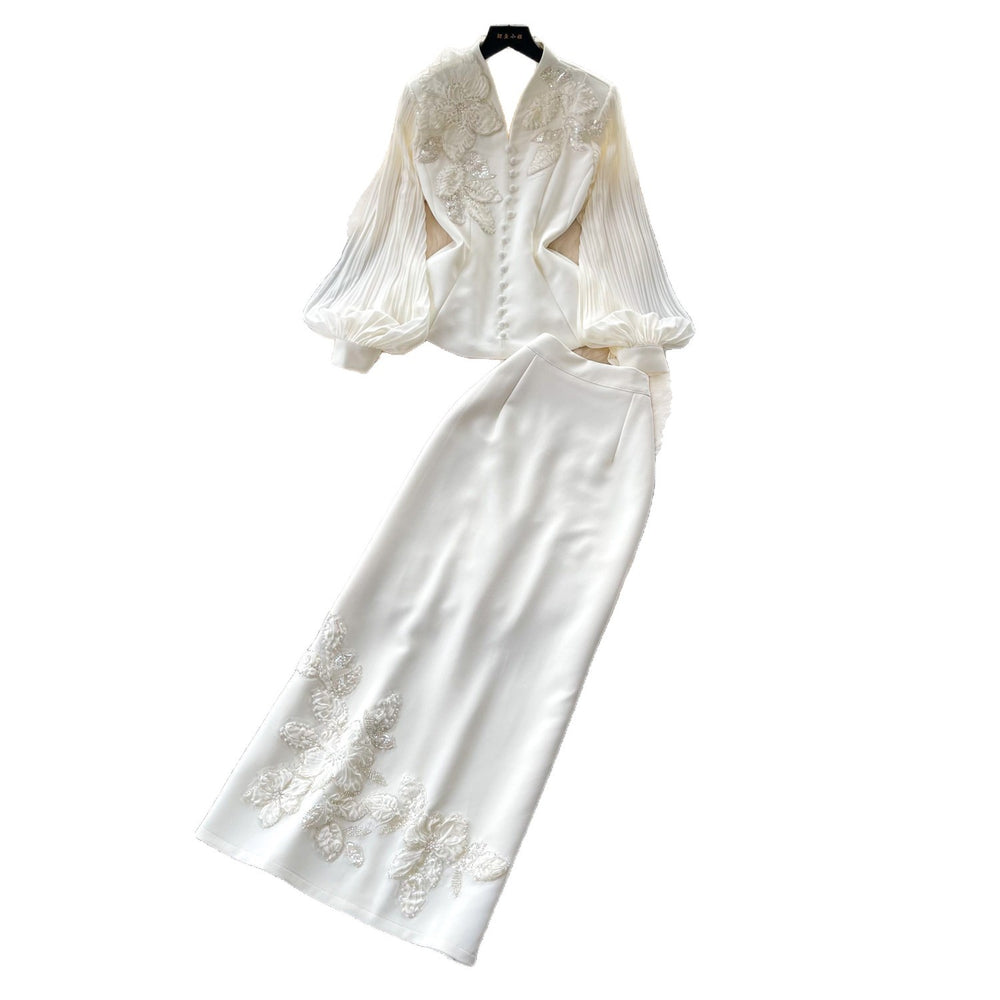 French chic beaded v-neck lace top & high-waisted midi skirt two-piece set - elegant & sophisticated