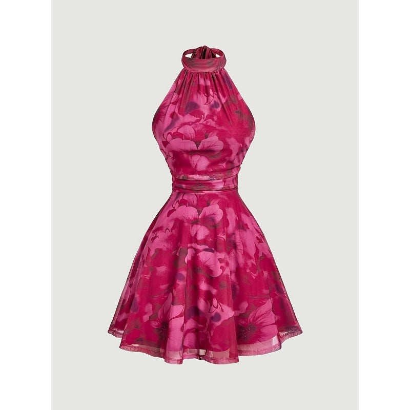 Women's summer new arrival: elegant and romantic mesh floral print bowknot backless a-line halter mini dress