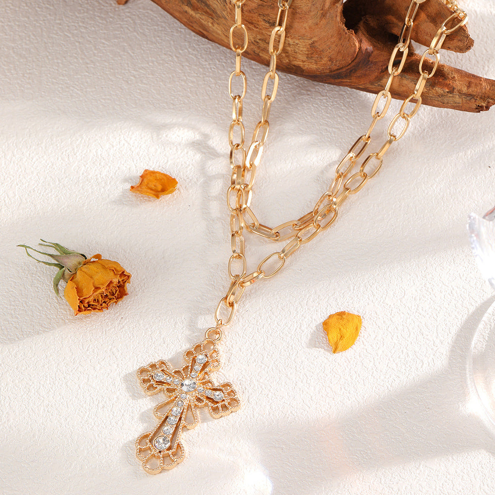Cross necklace wholesale cross-border hollow diamond pendant jewelry accessible luxury niche high-end retro stacked necklace