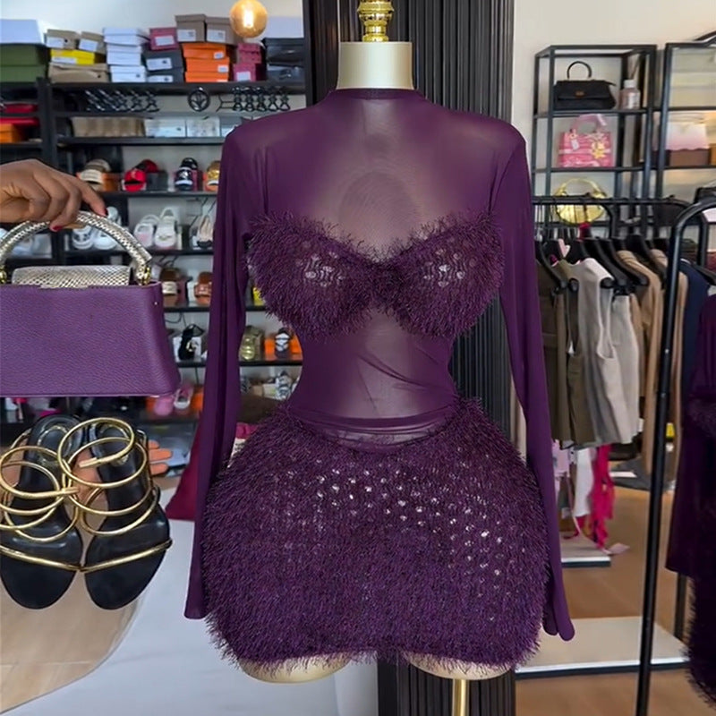 European and american cross-border women's fashion:  summer new arrivals - sexy patchwork purple slim-fit long sleeve dress