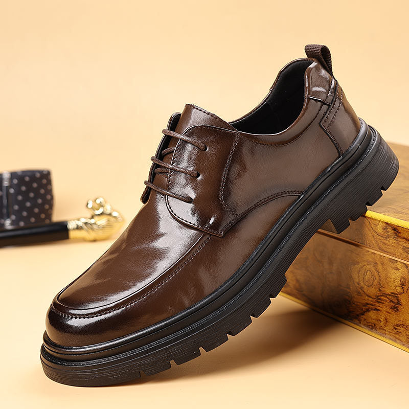 Genuine leather men's business casual dress shoes - thick sole black oxfords for work, meetings, and weddings - lace-up leather shoes