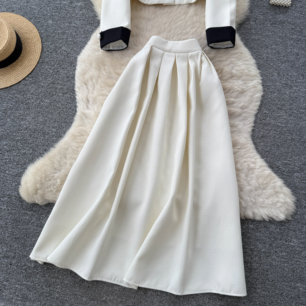Xiaoxiangfengtwo-piece setfemalefall and winterfrenchfashioncontrast color doll collar long sleevestops+high waist skirt