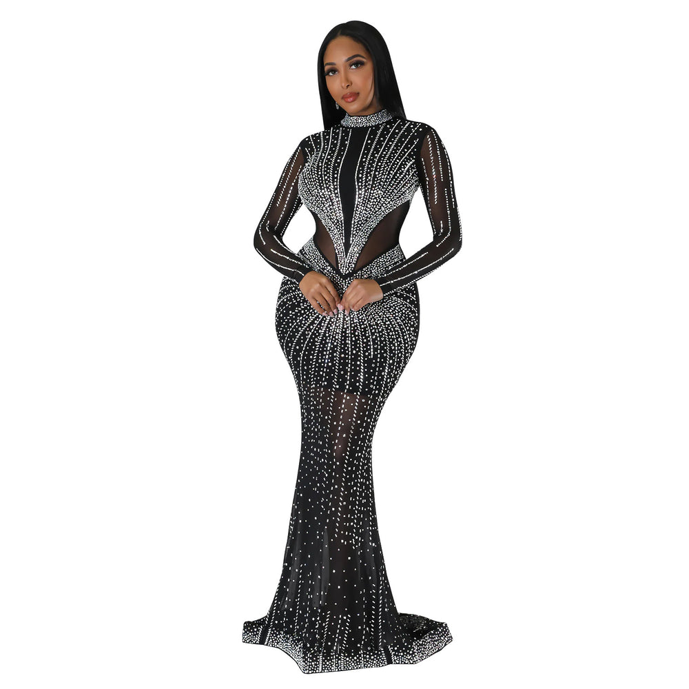 C6369 cross-border   fashion women's solid color mesh rhinestone long sleeve maxi dress