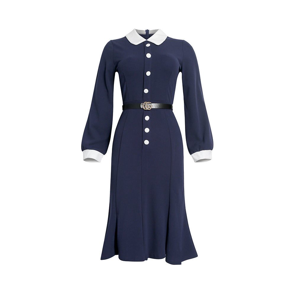 Kayaat cross-border african plus size women's clothing long sleeve slimming look high socialite doll collar dress with belt