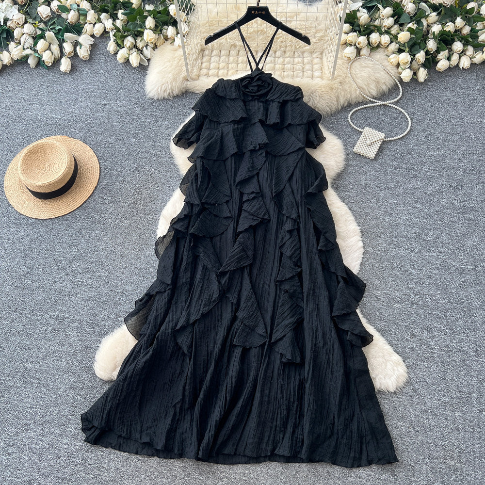 French sleeveless tiered a-line dress - women's summer design, high-waisted ruffle hem, rose red maxi dress