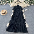 French sleeveless tiered a-line dress - women's summer design, high-waisted ruffle hem, rose red maxi dress