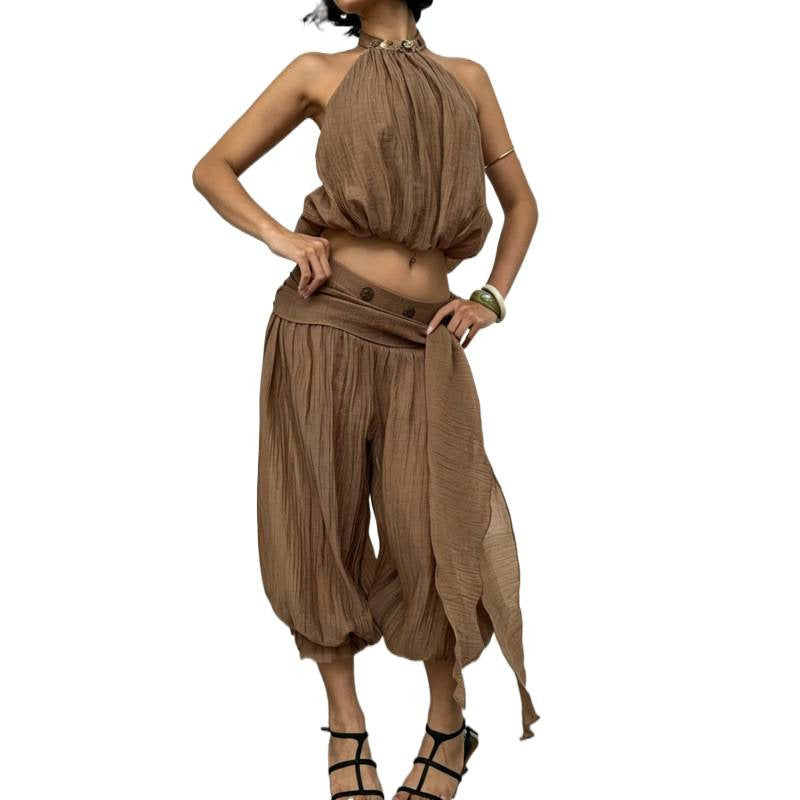 European and american style women's summer  new arrival: edgy sleeveless halter neck backless top and casual lantern pants set