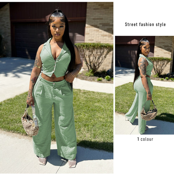 M3091 European and American  women's clothing independent station solid color sleeveless short back lace-up top casual trousers suit women