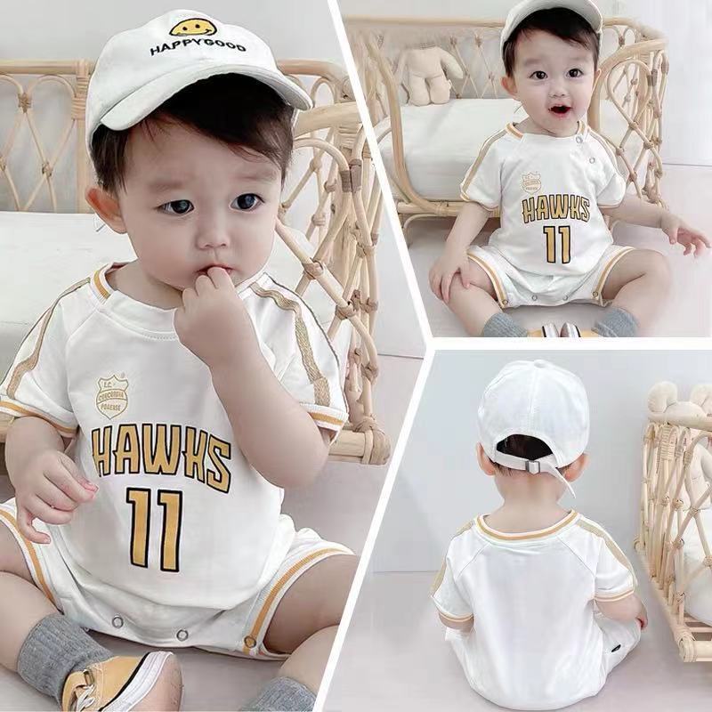Newborn infant romper short sleeve pullover unisex baby loose fit fashion sports jumpsuit outing crawling suit