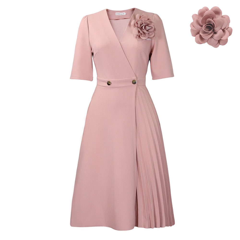 C8628 women's foreign trade summer  v-neck fashion short sleeve solid color elegant pleated african european and american style dress