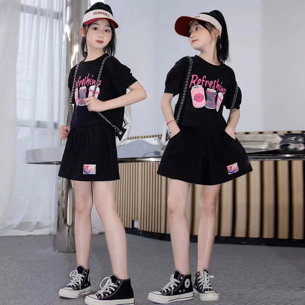 Girls' preppy style outfit, kids'  summer collection, short-sleeved chic spring/summer big girls' jk skirt two-piece trendy set