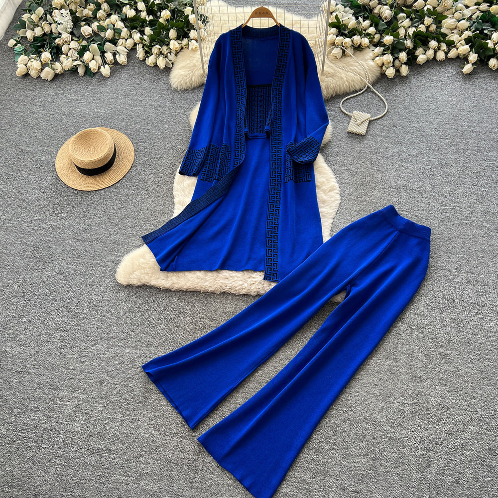 Lazy style knittingcardiganloose pantstwo-piece setfemaleautumwork clothingslimming looksuitsweaterthree-piece set