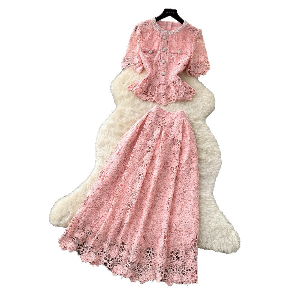 French chic lace bubble sleeve top & high-waisted midi skirt two-piece set -  summer slimming outfit
