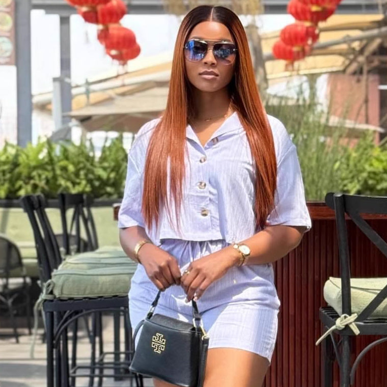 European and American fashion casual shorts set, short-sleeved lapel striped cardigan shirt, women's African new foreign style two-piece set