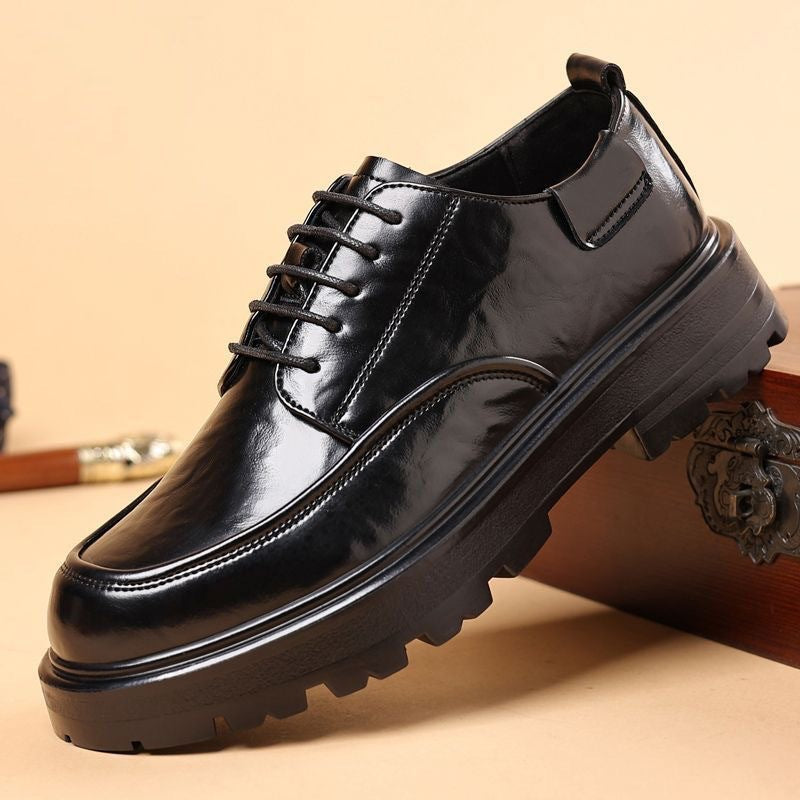 Leather shoes men's shoes round toe 2026thick solenew arrival british height increasing mencasual business formal wear wedding groom