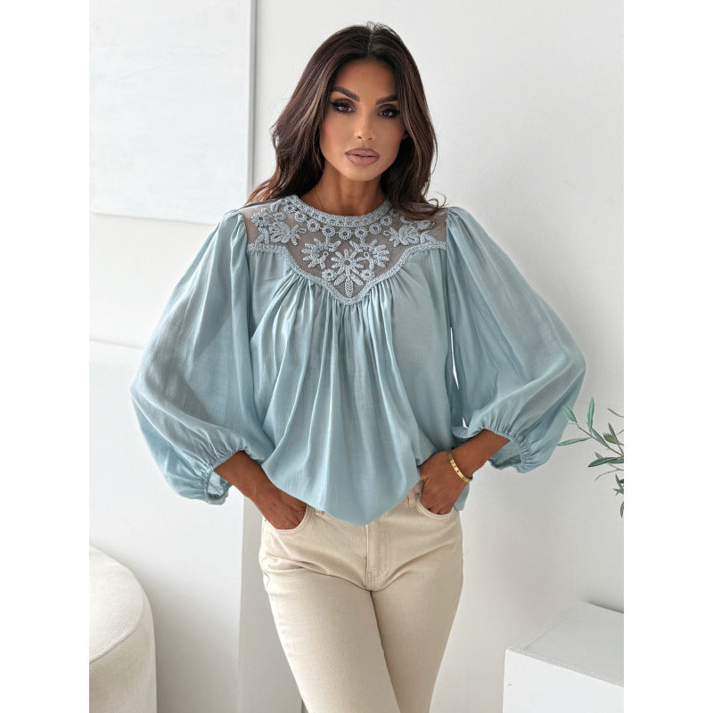 Aliexpress new arrival: round neck long sleeve ruffle collar pleated top blouse