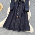 French retro chic, high-end denim dress with metal buckle collar, long sleeves, single-breasted button closure, and tie-waist detail