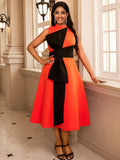 new plus size color block dress - bow tie waist a-line midi party dress