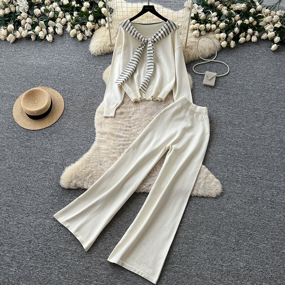 Women's casual knit set: autumn oversized loungewear - striped knit top & wide-leg pants