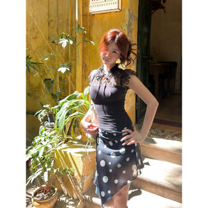 European and american women's clothing  summer new collection: sweet & chic tank top short sleeve top with polka dot irregular midi skirt set