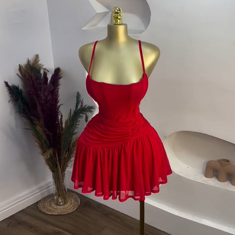 European and american cross-border women's fashion  summer new arrival: elegant ruched high-waisted asymmetrical short red slip dress