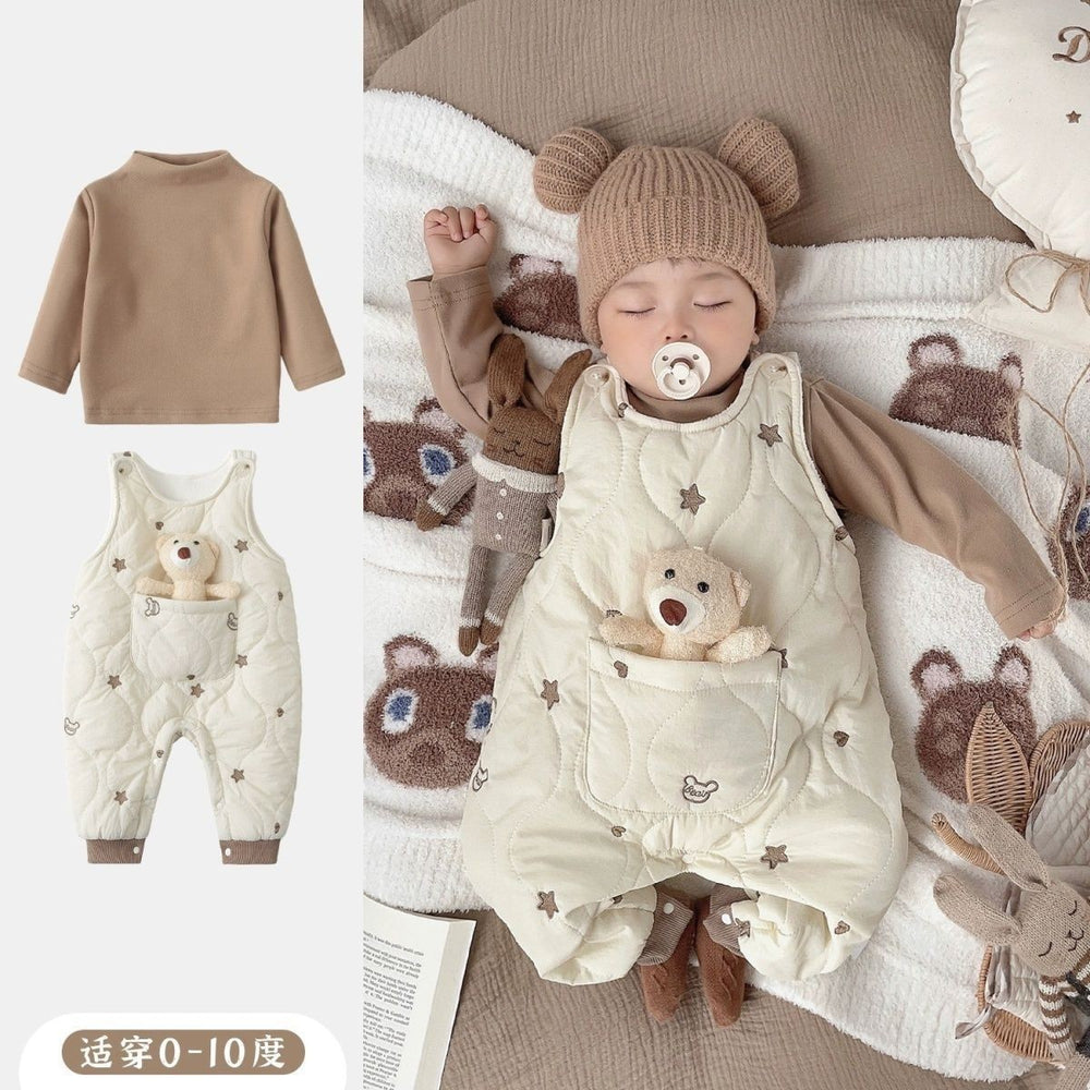 Autumn/winter thickened warm baby clothes set, cute infant overalls two-piece winter outfit