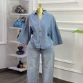 European and american cross-border women's fashion:  summer new arrival - stylish, loose-fit, plus-size, turn-down collar blue denim shirt jacket top