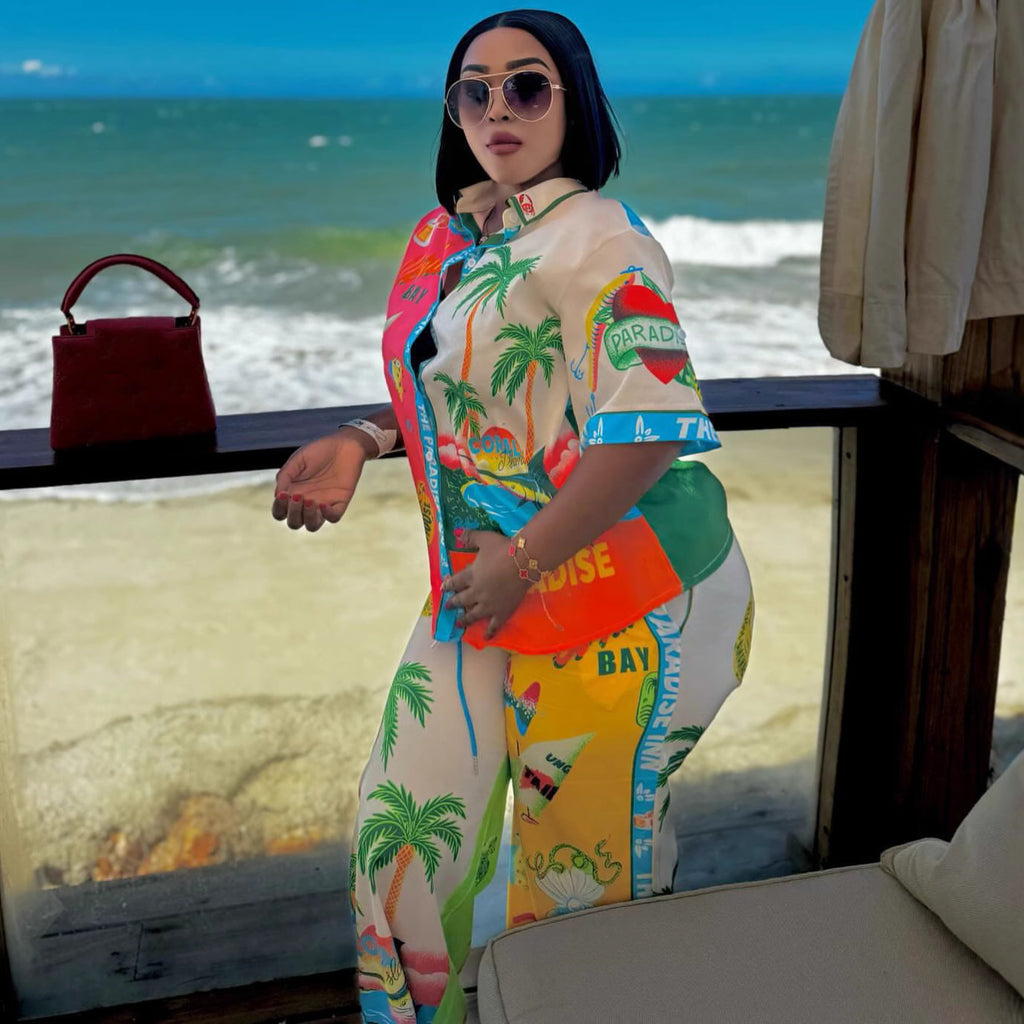 European and American casual suit short-sleeved cardigan printed shirt trousers women's new African women's clothing resort style fashion suit